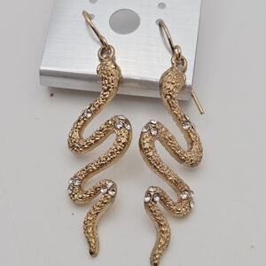 Gold Tone Textured Snake Earrings with Crystals